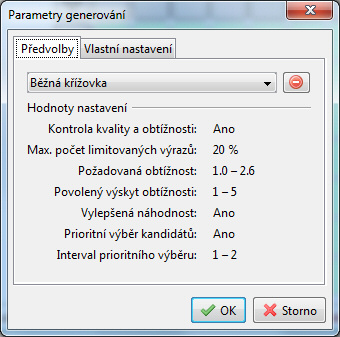 Parametry generování křížovek